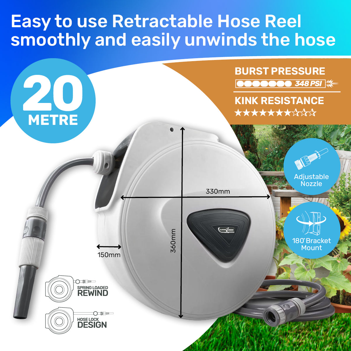 Garden Greens 20m Retractable Hose Reel Spring Loaded Swivel & Rewind ...